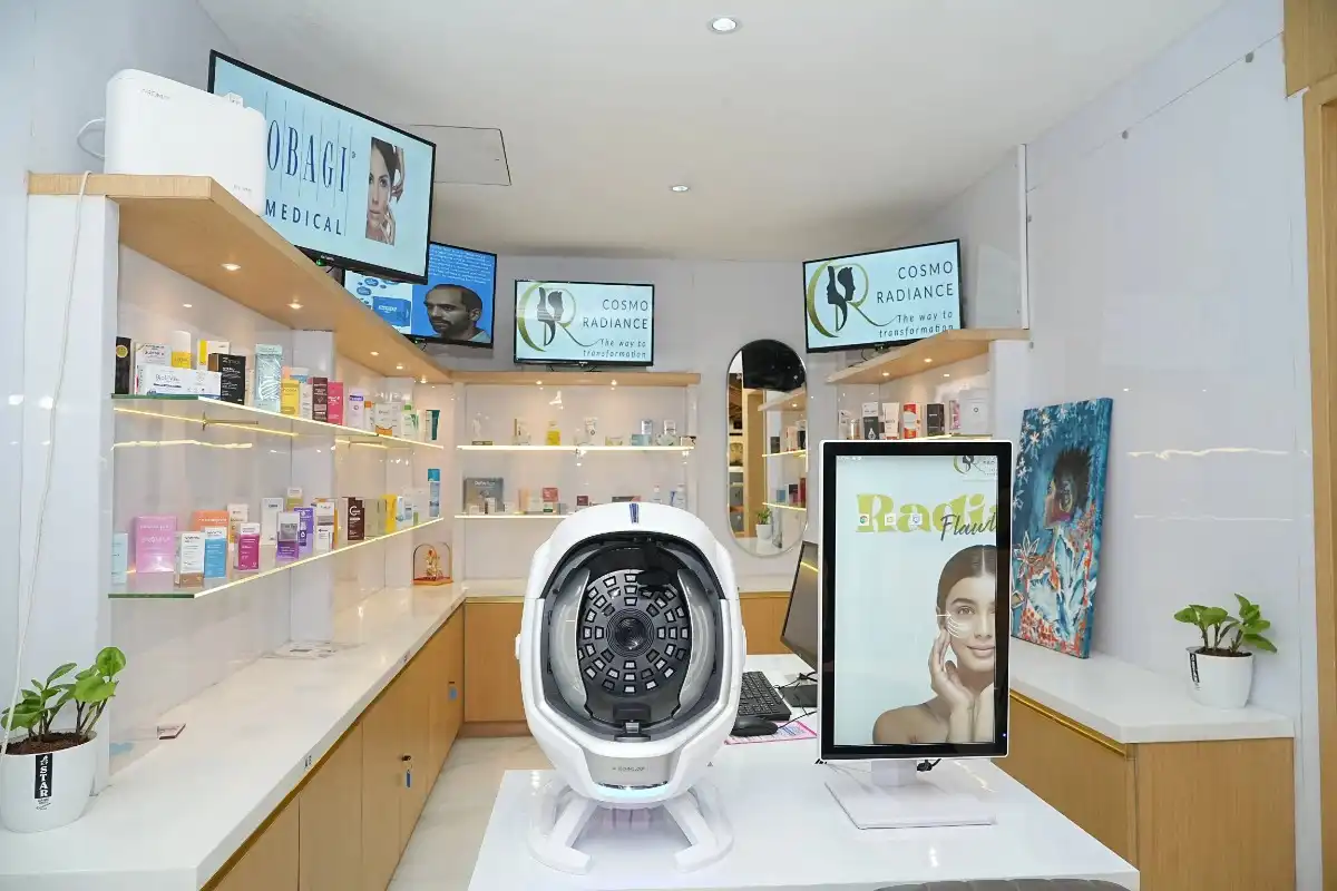 Outpatient pharmacy area featuring an AI skin analysis machine and medical-grade skincare products
