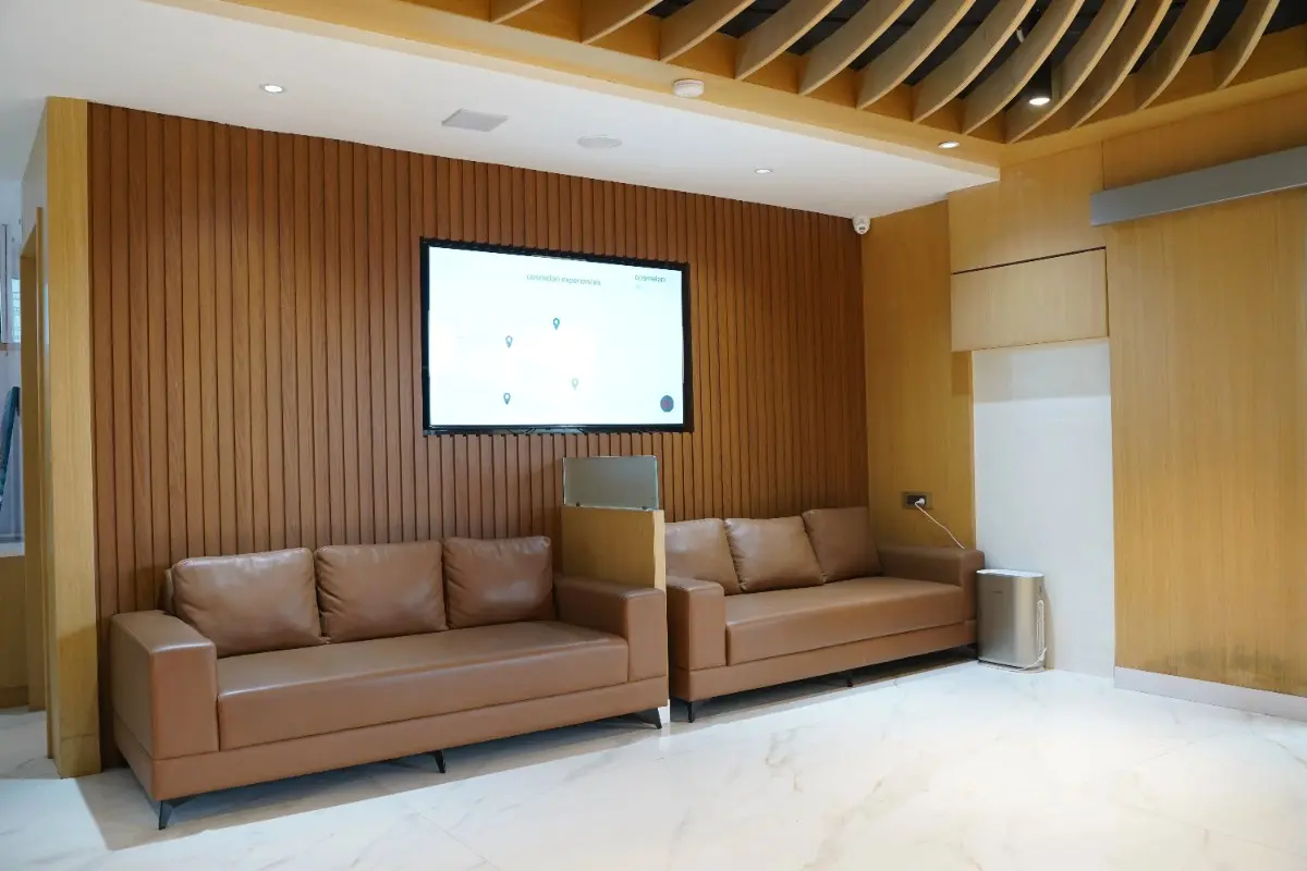 Clinic waiting lounge equipped with advanced air purifiers for a sterile environment