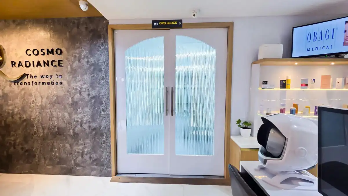 Glass entrance doors leading to the Outpatient Department specialist wing