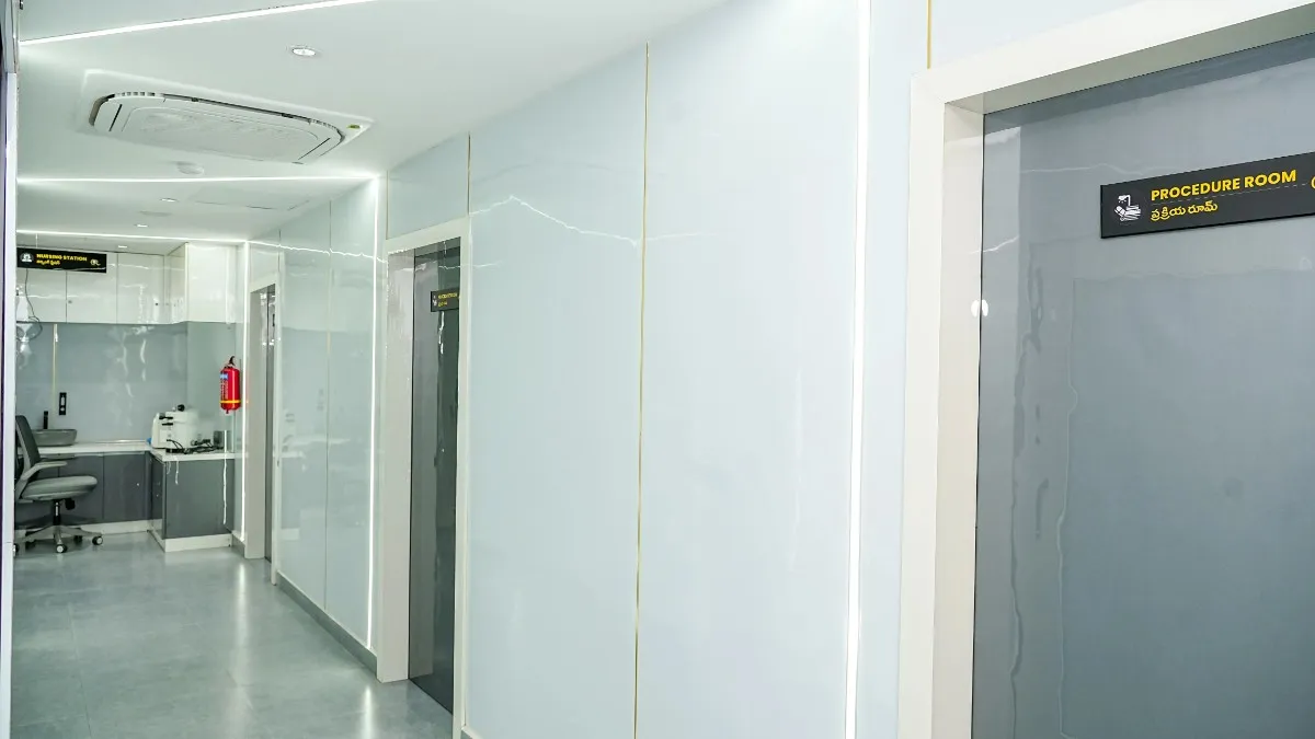 Procedure wing corridor equipped with fire safety equipment near the nursing station