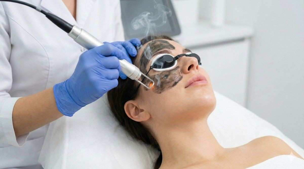 MD Dermatologist performing a carbon laser peel Hollywood facial treatment on a patient at Cosmo Radiance aesthetic clinic in Miyapur, Hyderabad